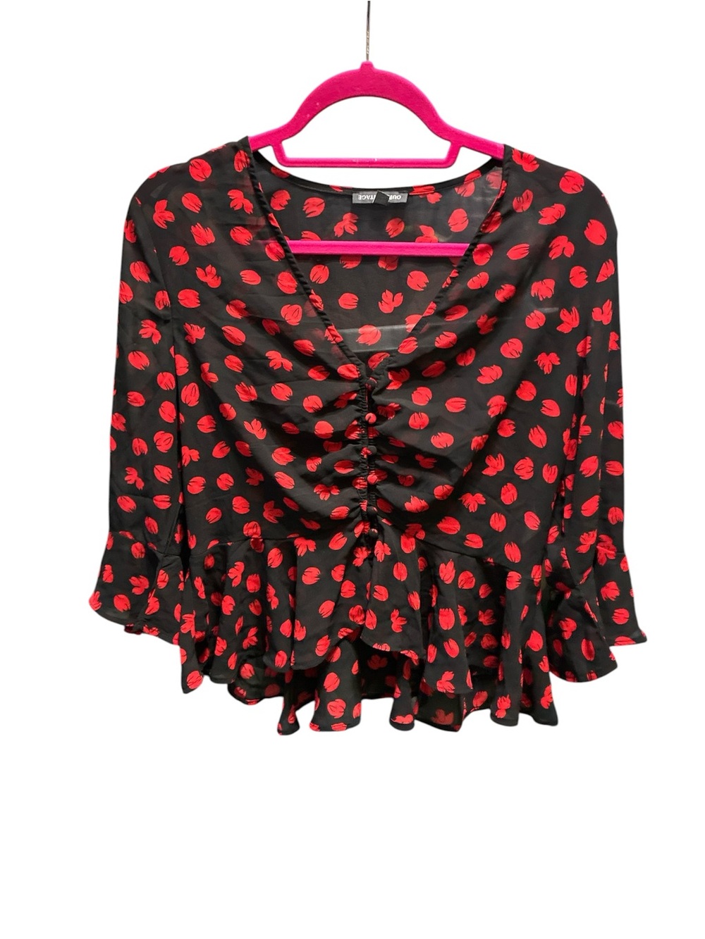 Heritage Black Blouse with Red Petal Print and Ruched Front